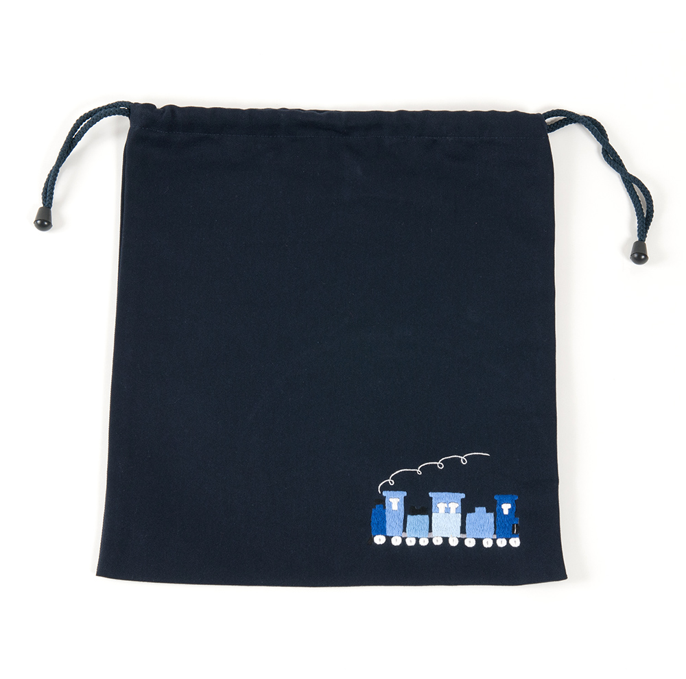 お受験専門店品質 手刺繍 汽車 巾着バッグ(大)お着替え入れ・入園入学