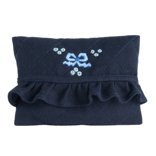 お受験 ティッシュケース 手刺繍 リボン ブルー ポケットティッシュ