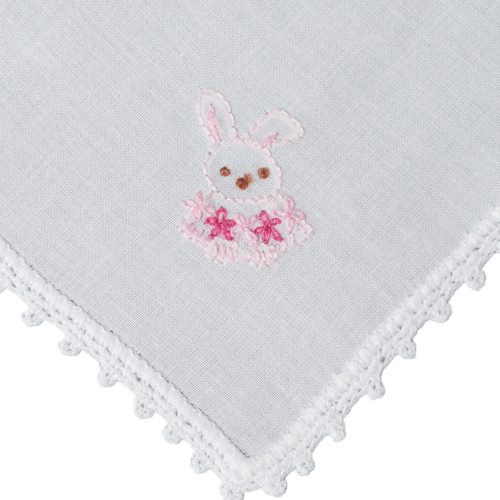 手刺繍 うさぎ 皺になりにくい ピコレース綿ハンカチ 15cm角サイズ｜お